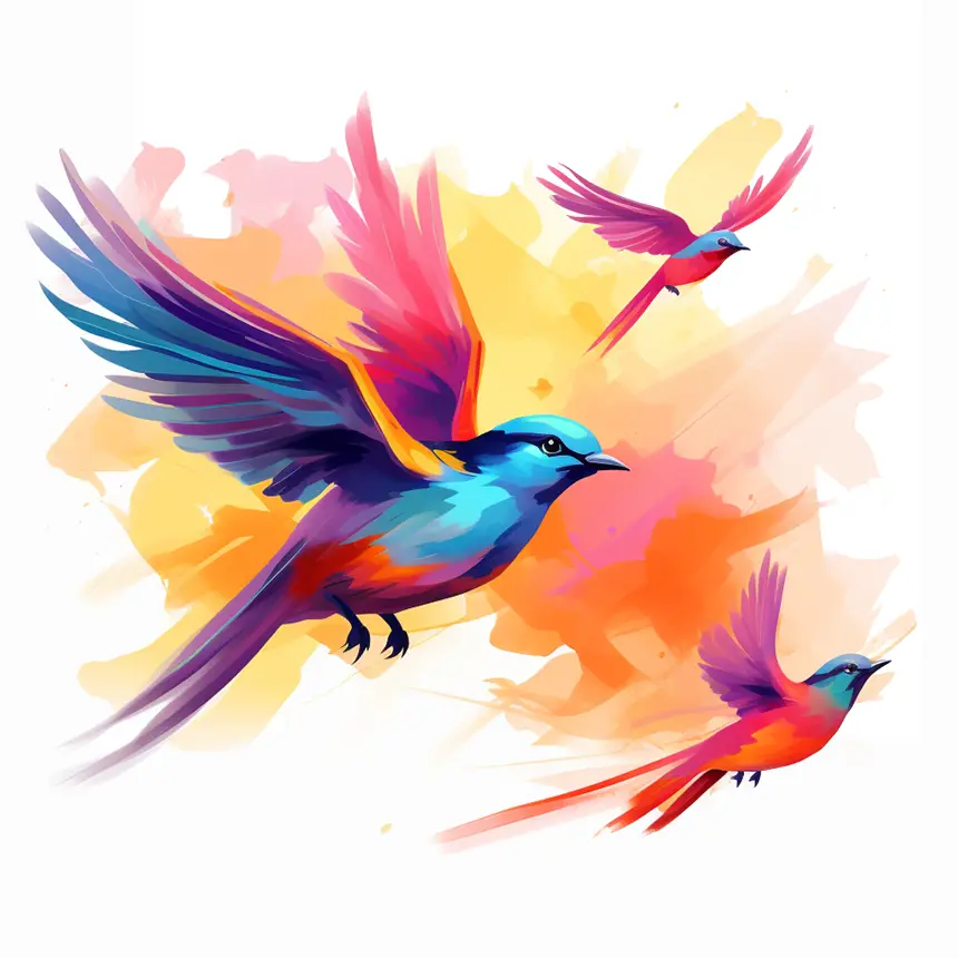 The finished piece: three birds in flight, in full colour over a wash of yellow, orange and pink