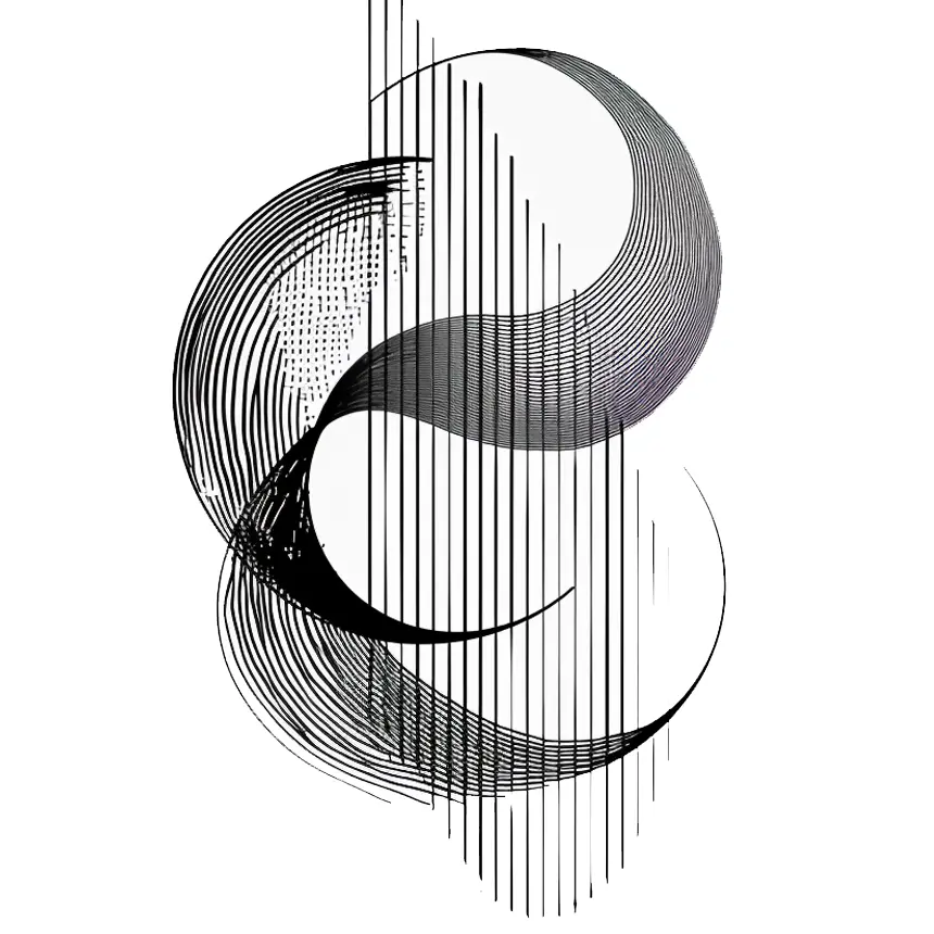The concept: an abstract line drawing in black and white, two interlocking arcs built from fine parallel strokes
