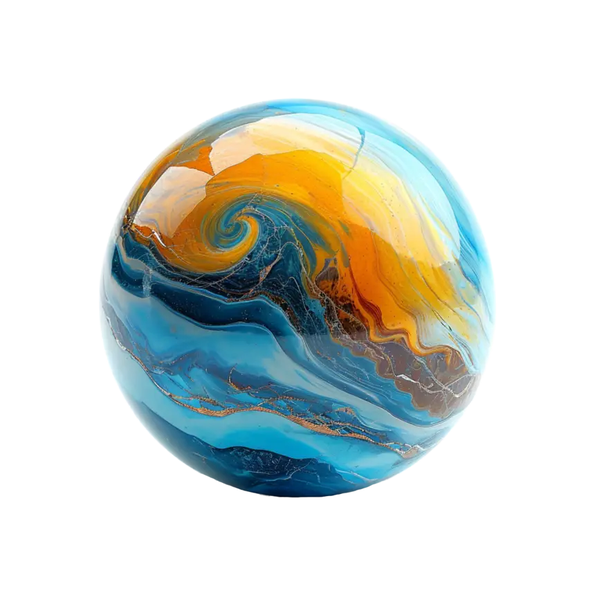 A blue and yellow swirled glass marble