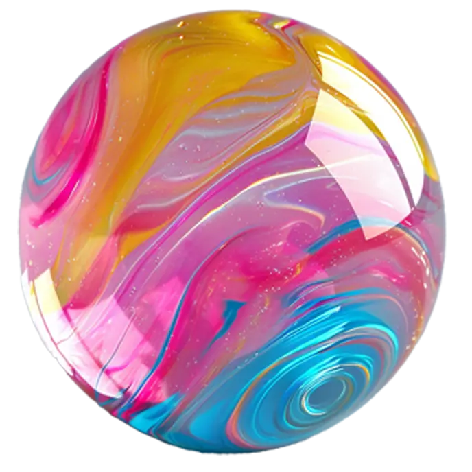 The Marble Story Design marble, a glass sphere swirled with pink, yellow and blue