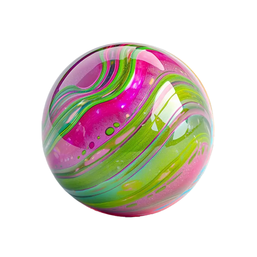 A pink and green swirled glass marble