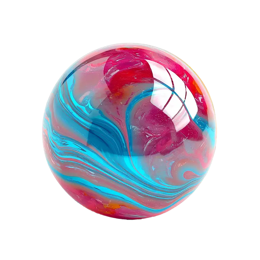 A red and blue swirled glass marble