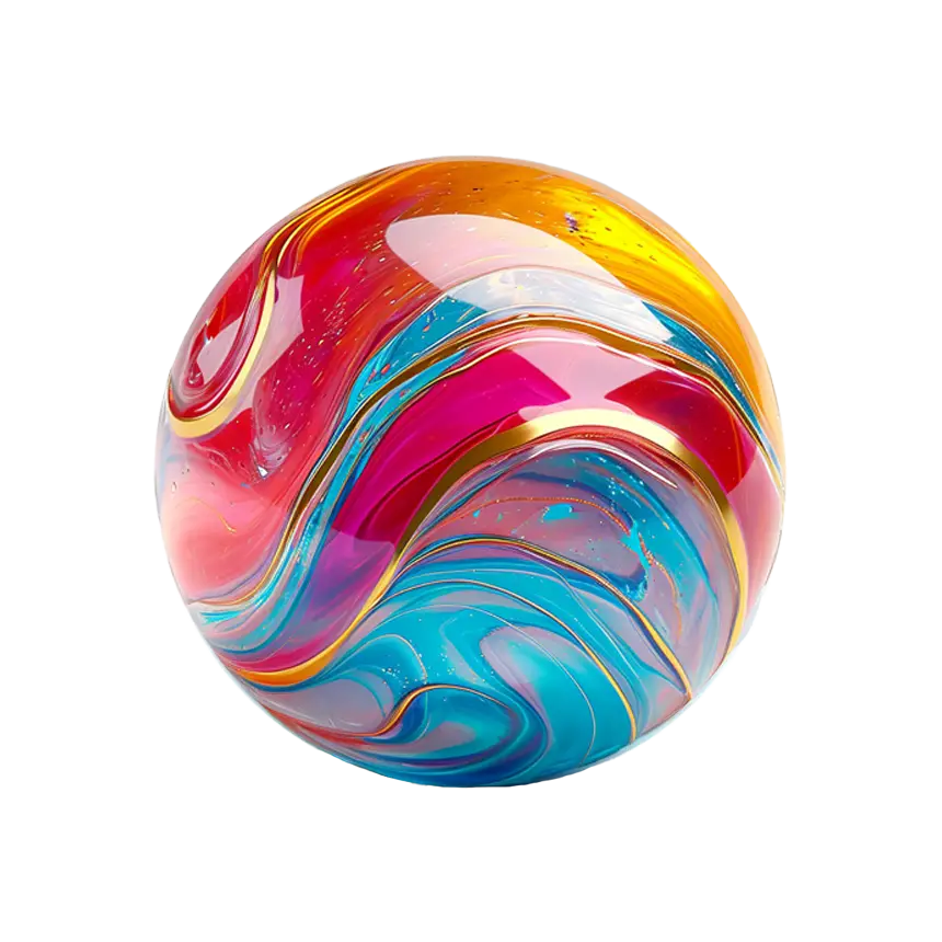 A red and gold swirled glass marble